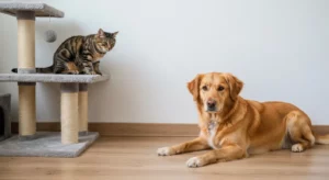A golden retriever mix dog and a tabby cat are in the same room, the dog calmly resting while the cat sits perched on a cat tree.