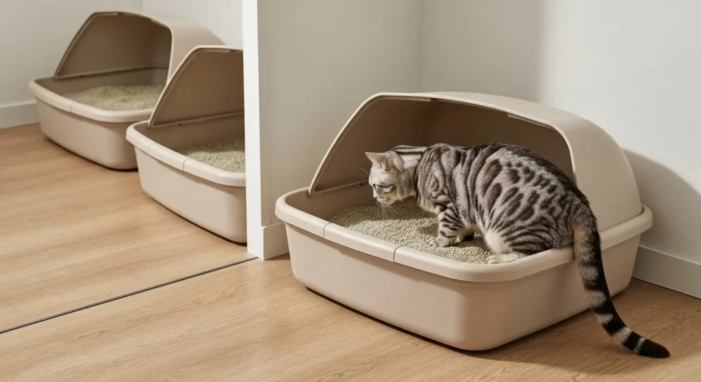 A silver tabby cat uses a large, open litter box filled with unscented litter in a clean, brightly lit room.