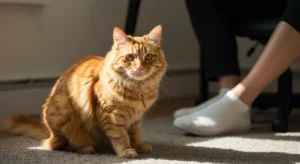 An orange tabby cat with a chipped left ear sits in a sunbeam on a rug.