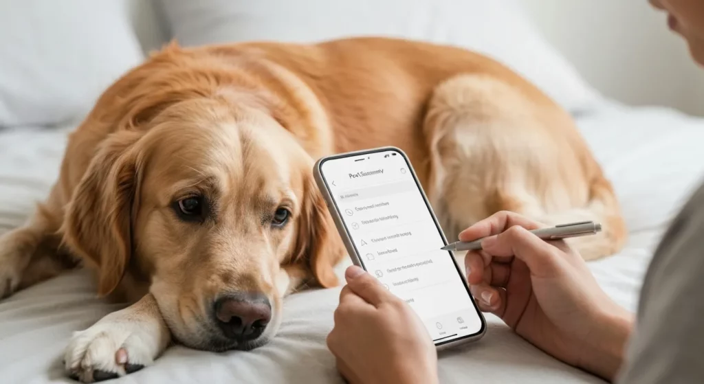 A golden retriever dog lying on a bed, showing slight redness on its paw.