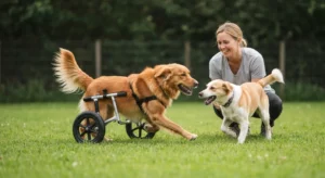 A golden-brown dog in a wheelchair runs across a grassy yard with another dog, both dogs appearing happy and energetic.