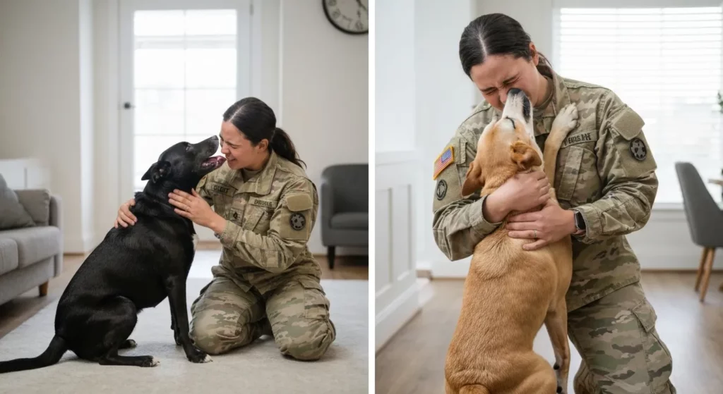A soldier kneels on the floor embracing a one-eared terrier mix dog, both with happy expressions.