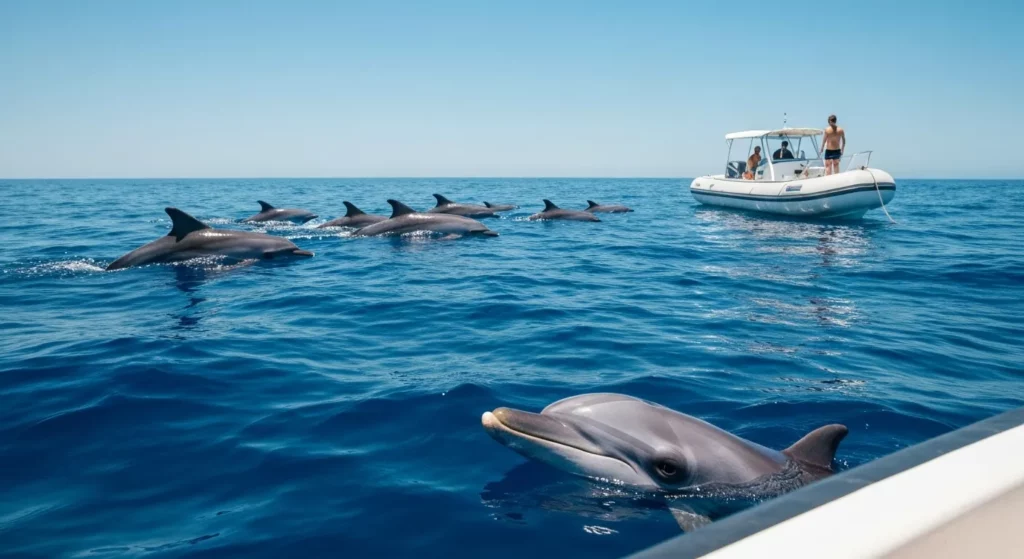 A pod of dolphins swimming near a small boat in the open ocean, with one dolphin looking directly at a person on the boat.