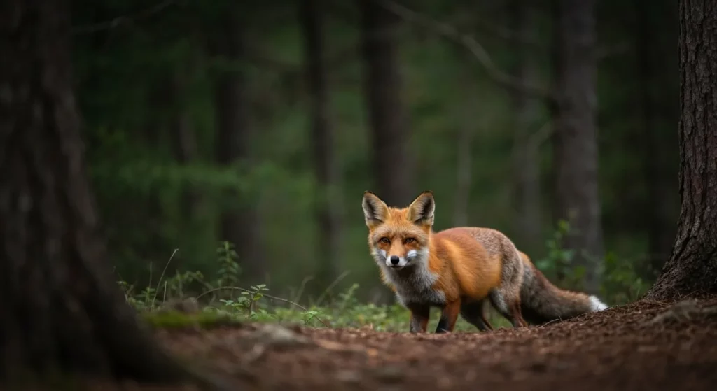 A red fox observed from a distance, standing in a sun-dappled forest clearing.