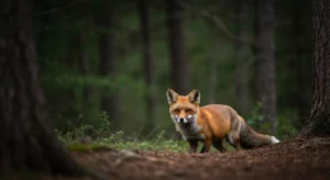 A red fox observed from a distance, standing in a sun-dappled forest clearing.