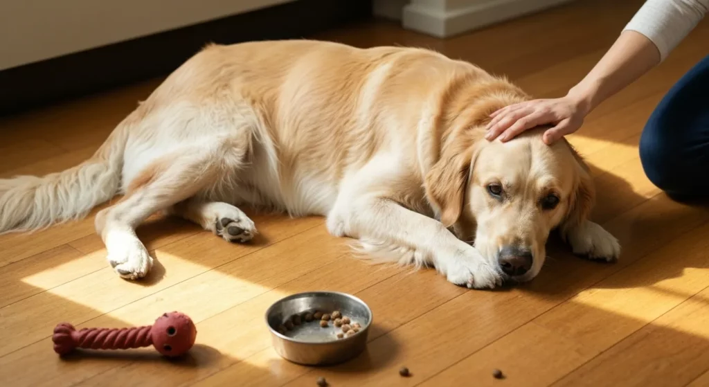 A Golden Retriever dog rests on a hardwood floor near a partially eaten food bowl, with a sunbeam illuminating part of the scene.
