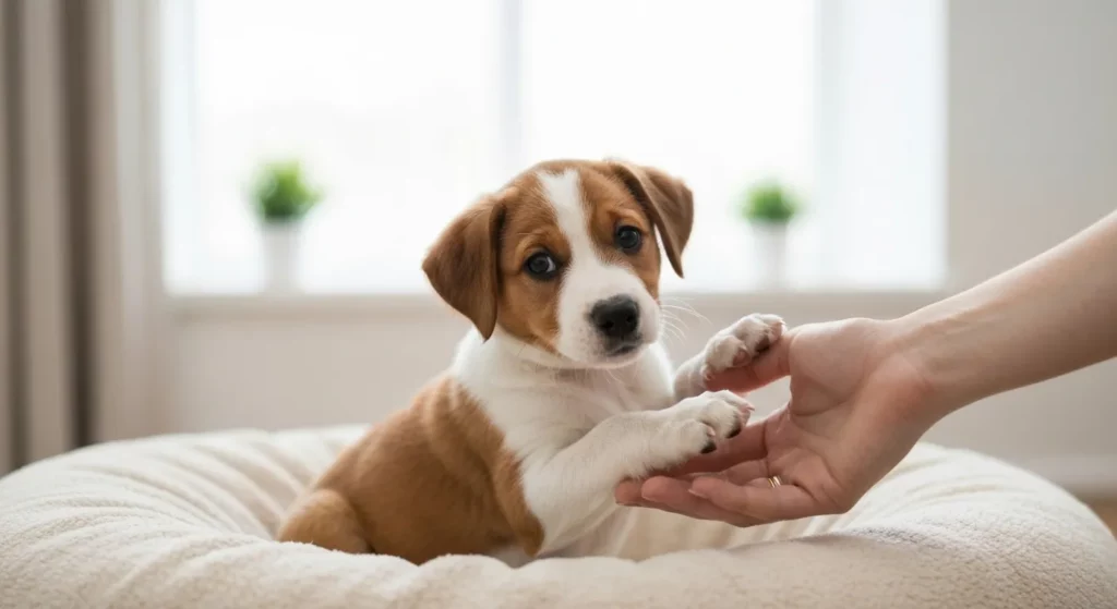 A young puppy interacts gently with a human hand in a clean, well-lit indoor space.