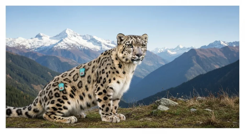 A small, solar-powered device attached to a snow leopard's fur, with a network of acoustic sensors in the background.