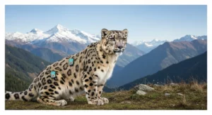 A small, solar-powered device attached to a snow leopard's fur, with a network of acoustic sensors in the background.