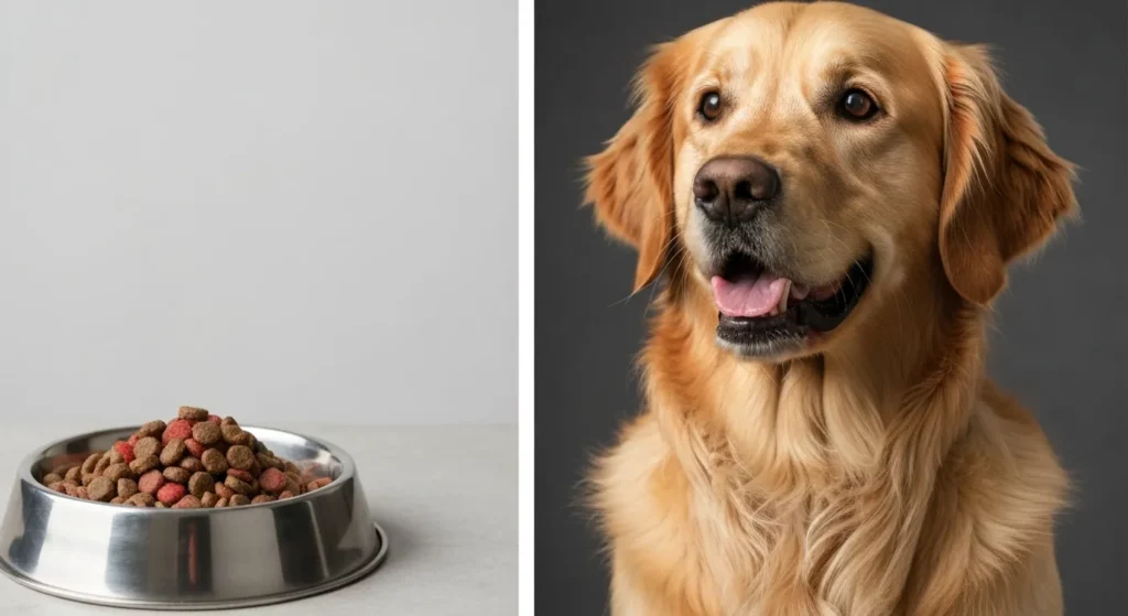 A Golden Retriever with a healthy, shiny coat looks happily at the camera while sitting in front of a bowl of raw dog food.