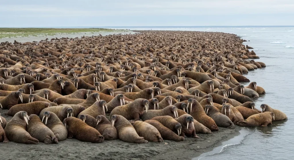 A large group of walruses densely packed together on a beach.