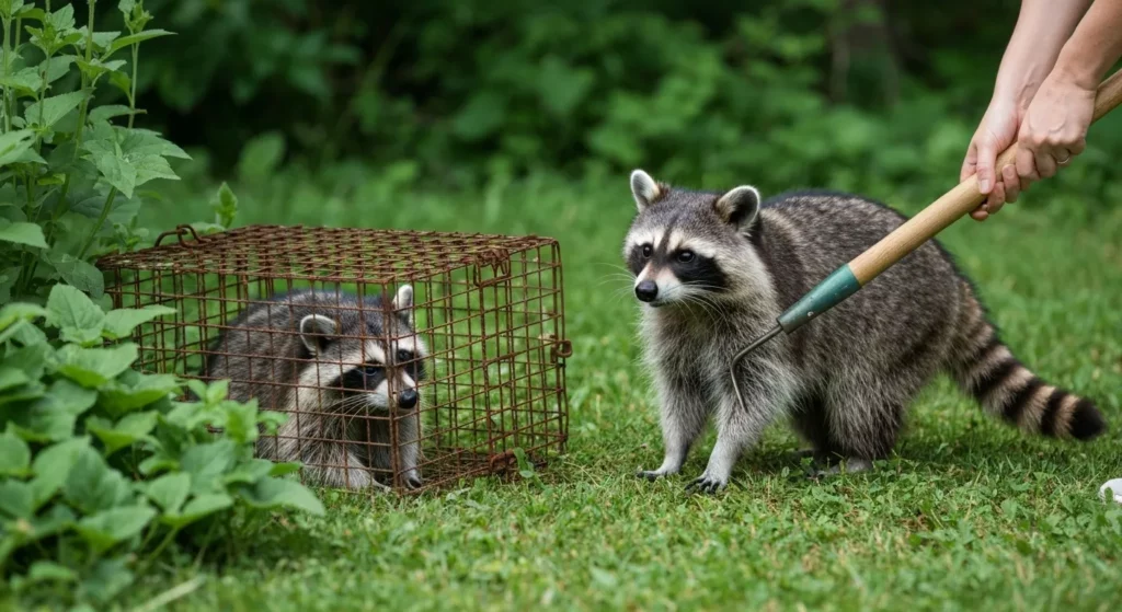 A raccoon trapped in a rusty wire cage in a grassy yard is observed by a person holding a garden hoe.
