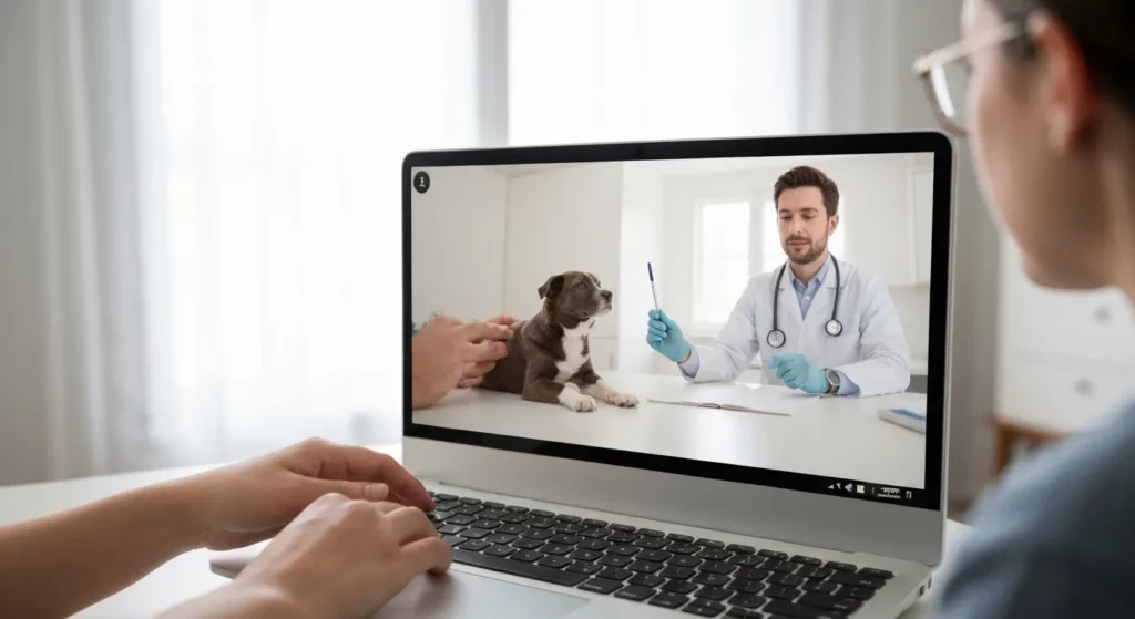 A veterinarian uses high-definition video to examine a pet during a virtual consultation.