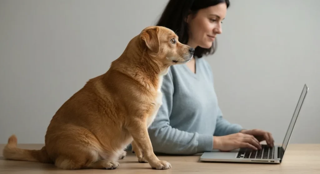 An overweight dog sitting next to a half-eaten pizza box, with a person working on a laptop in the background.