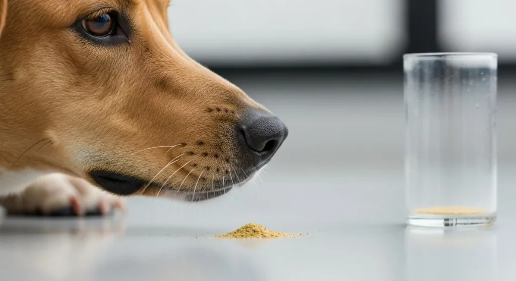 A dog correctly identifies a scent sample indicating human stress in a scientific experiment.