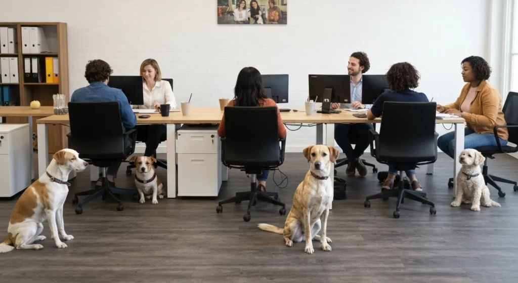 A modern office interior with several employees working at their desks, some with dogs lying calmly beside them.