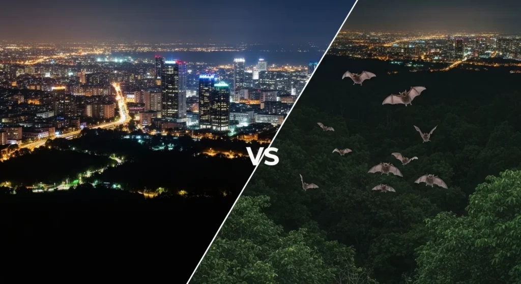 A split image comparing a brightly lit city at night with a dark, natural area, showing a stark difference in the presence of nocturnal wildlife.