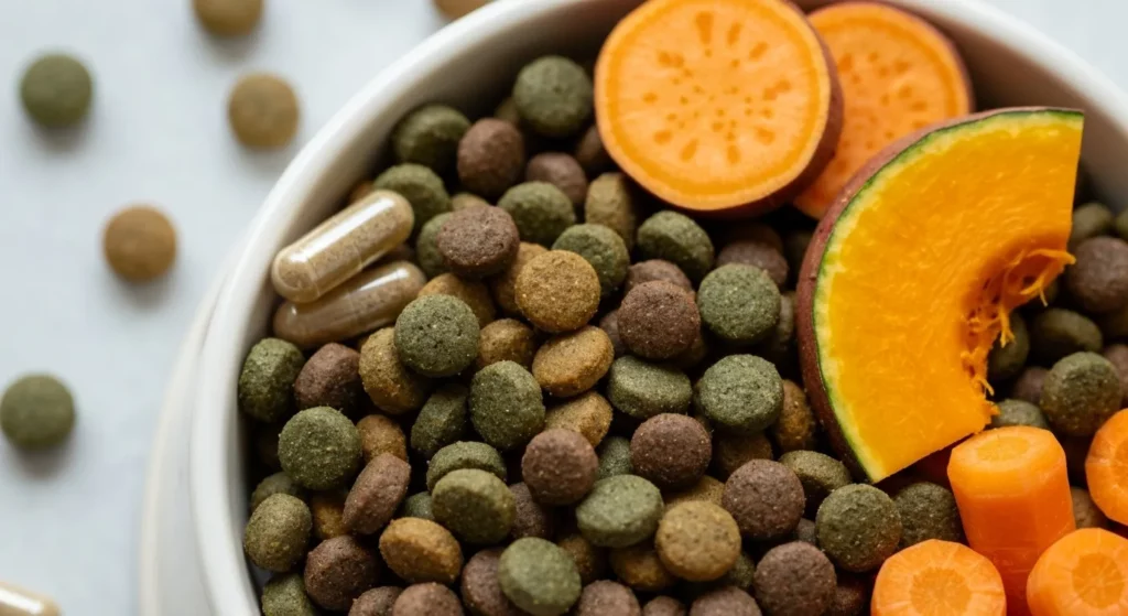 A pet food bowl containing a mixture of kibble and various fresh vegetables.