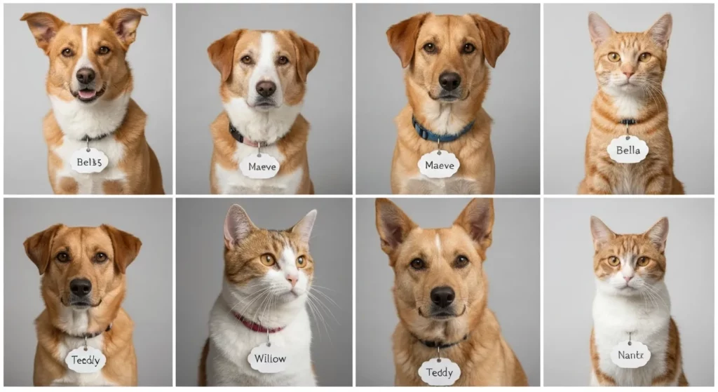 A collage of images showing the top five names for male and female dogs and cats in 2025, including names like Luna, Charlie, Maeve, and Cassian.
