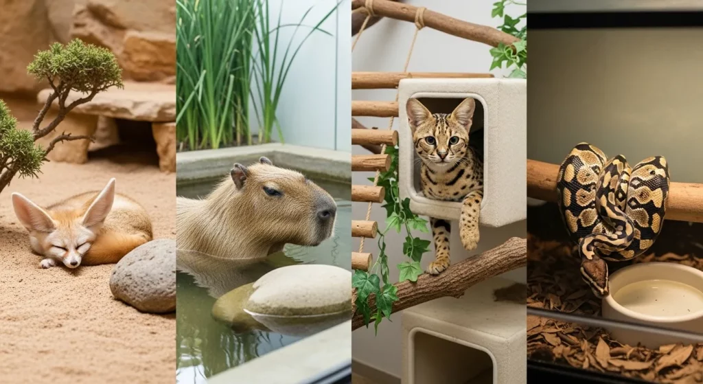A variety of exotic animals, including a fennec fox, capybara, savannah cat, and ball python, are shown in individual enclosure settings.