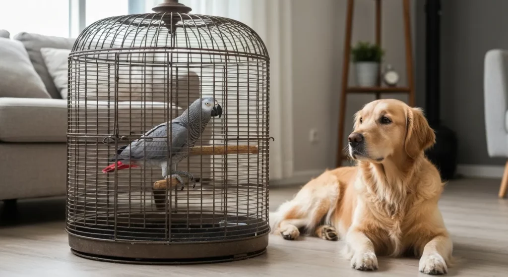 A golden retriever dog and an African grey parrot in a cage are situated close together in a living room, exhibiting a calm and peaceful interaction.