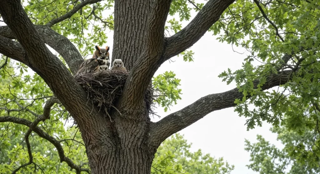 A great horned owl perched in a hollow of an oak tree, with two owlets visible in the nest.