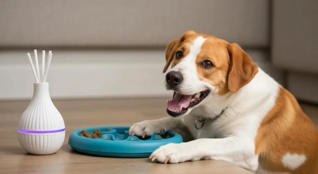 A close-up shot of a pet's mouth with a toothbrush and a dental chew, alongside a bottle of joint supplement and an interactive pet toy.