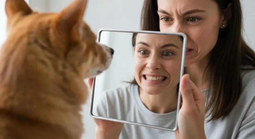 A person holds a small mirror to a pet's face while making various facial expressions; the pet's reaction is visible.