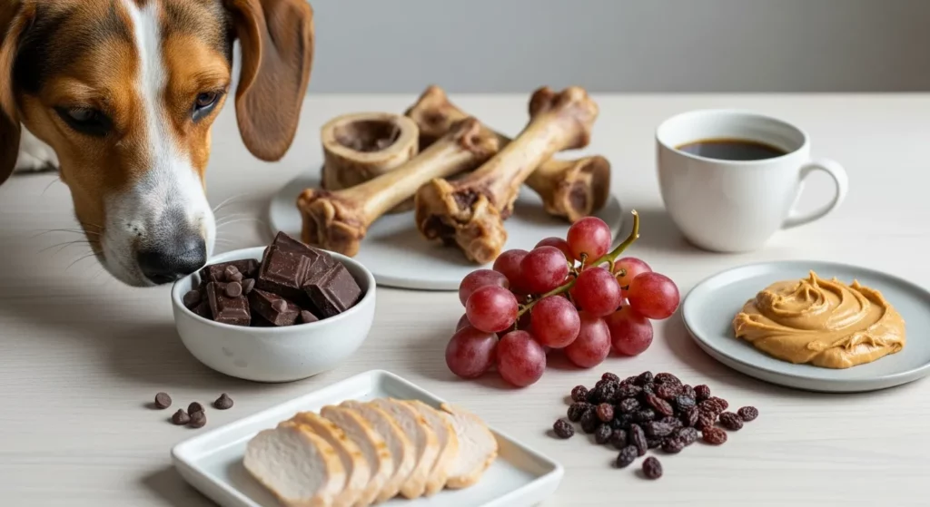 A photograph showing various human foods toxic to pets, contrasted with a safe alternative.
