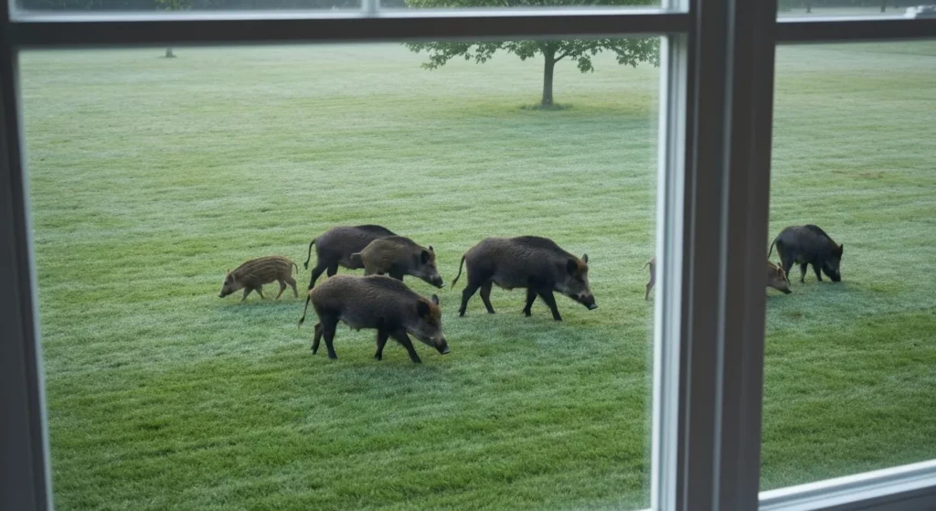 A family of wild boars foraging on a dewy suburban lawn at dawn.