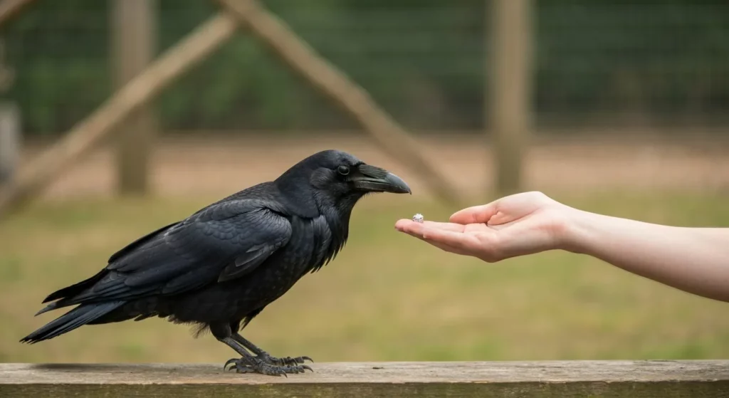 A raven in a wildlife sanctuary aviary, looking intently at a small, shiny object on the ground.