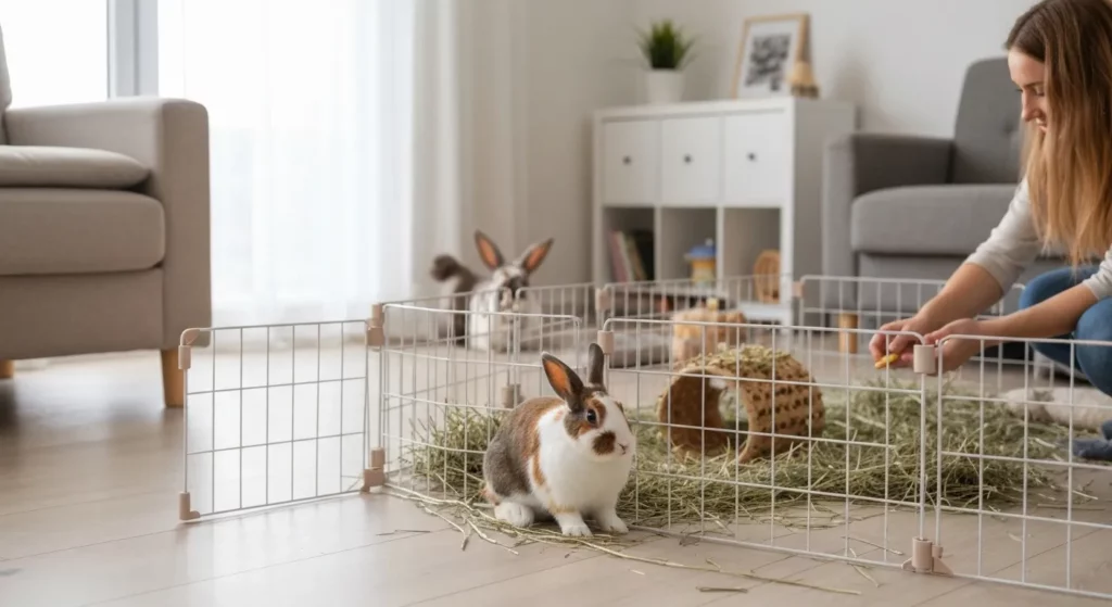 A rabbit sits contentedly in a large exercise pen in a living room, surrounded by hay and with visible rabbit-proofing measures in place.