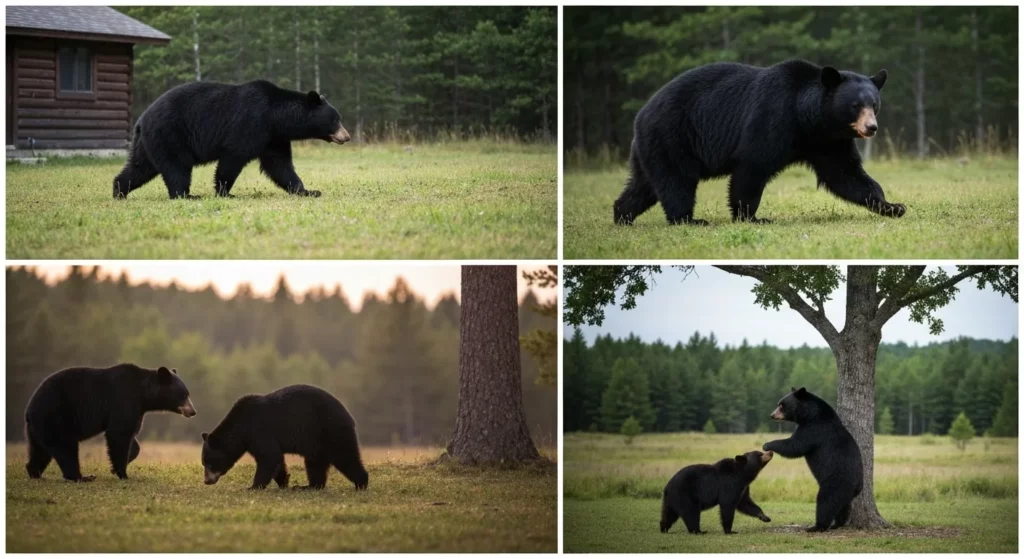 A black bear walks across a grassy clearing near a cabin at sunset, its head low to the ground.