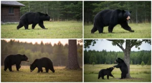 A black bear walks across a grassy clearing near a cabin at sunset, its head low to the ground.