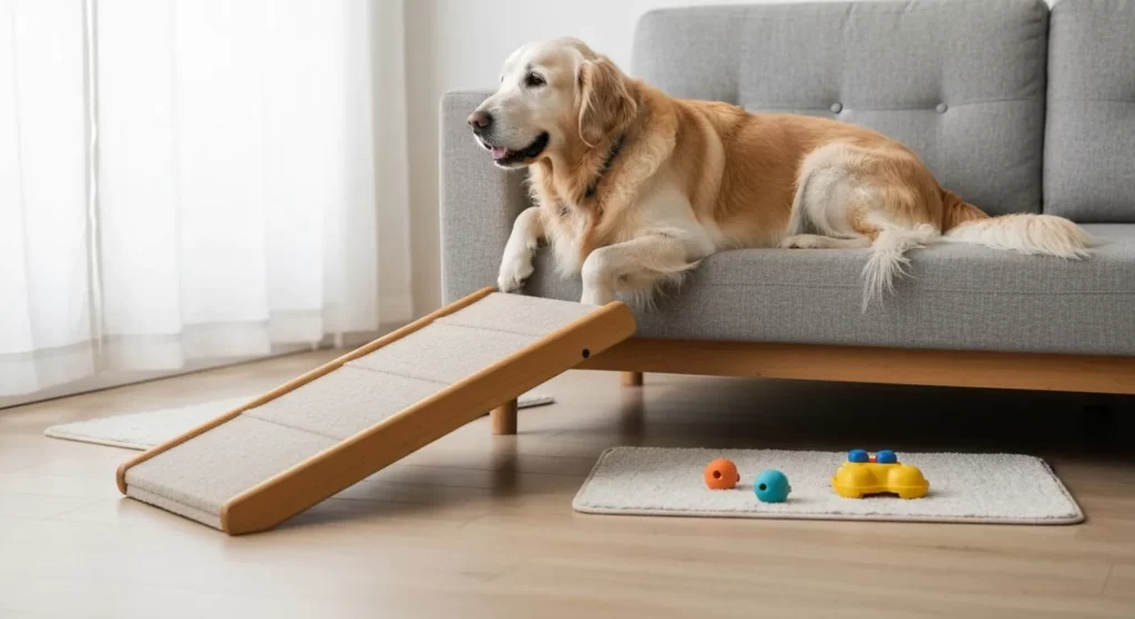 A senior Golden Retriever dog rests comfortably on a couch, using a pet ramp, in a home with non-slip rugs on the floor.
