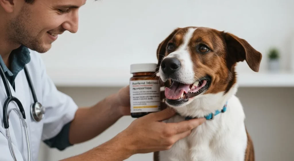 A veterinarian examines a dog while holding a prescription bottle of flea medication.