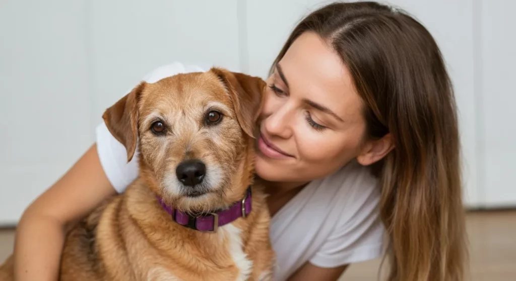 A scruffy, caramel-colored terrier mix dog rests its head on a woman's lap, looking up at her with gentle eyes.