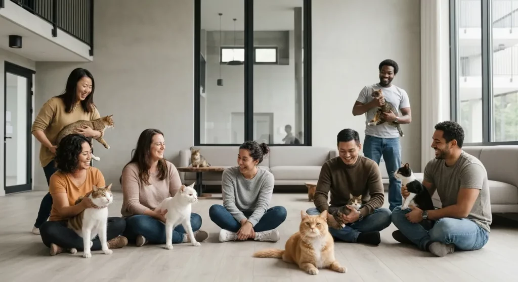 A busy, happy animal shelter with many adoptable cats and dogs, and staff interacting with potential adopters.